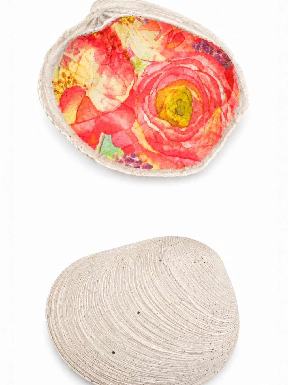 Floral Decoupage Clam Shell Trinket Dish Ring Holder Coastal Cottage Decor